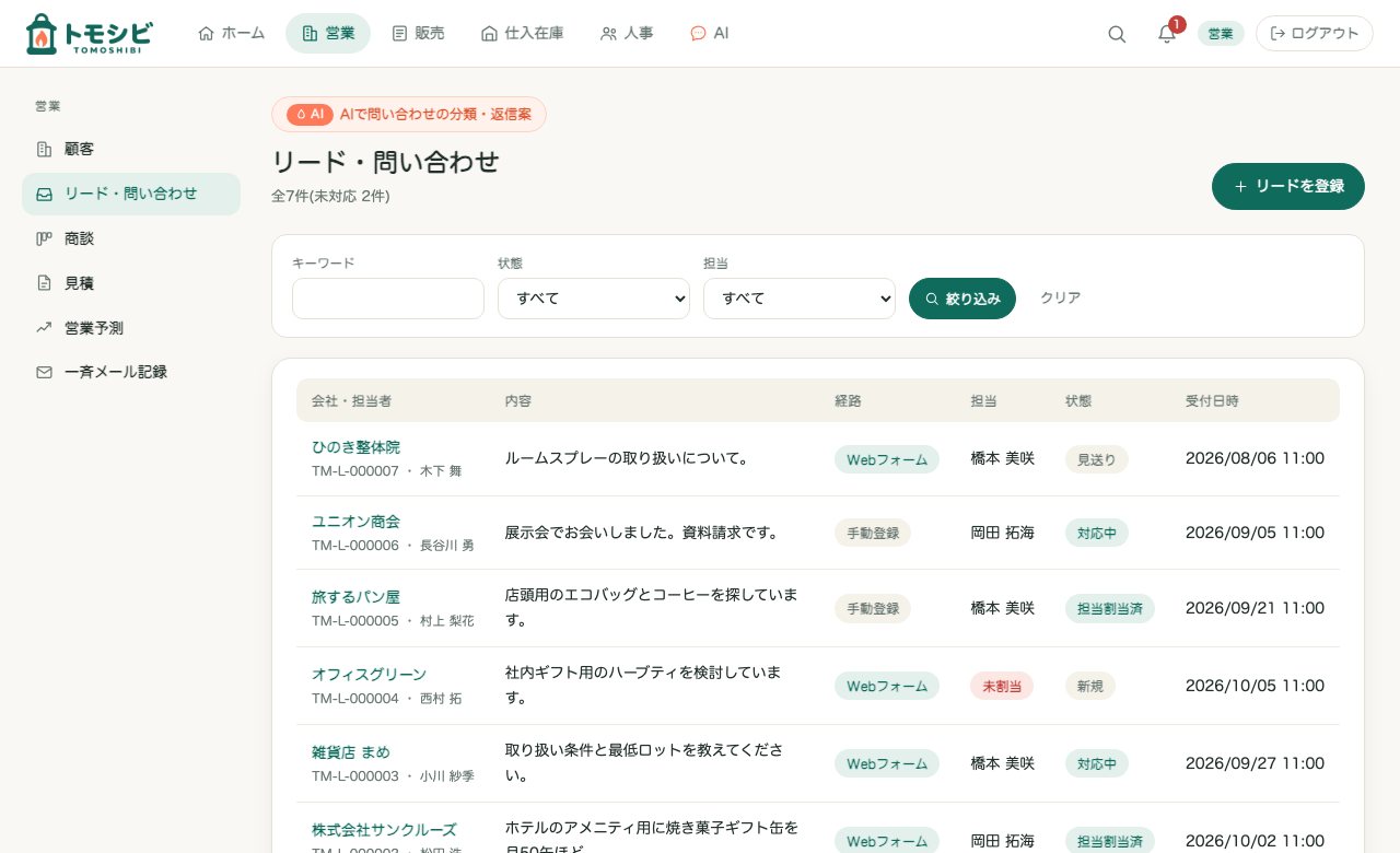 リード・問い合わせの一覧。