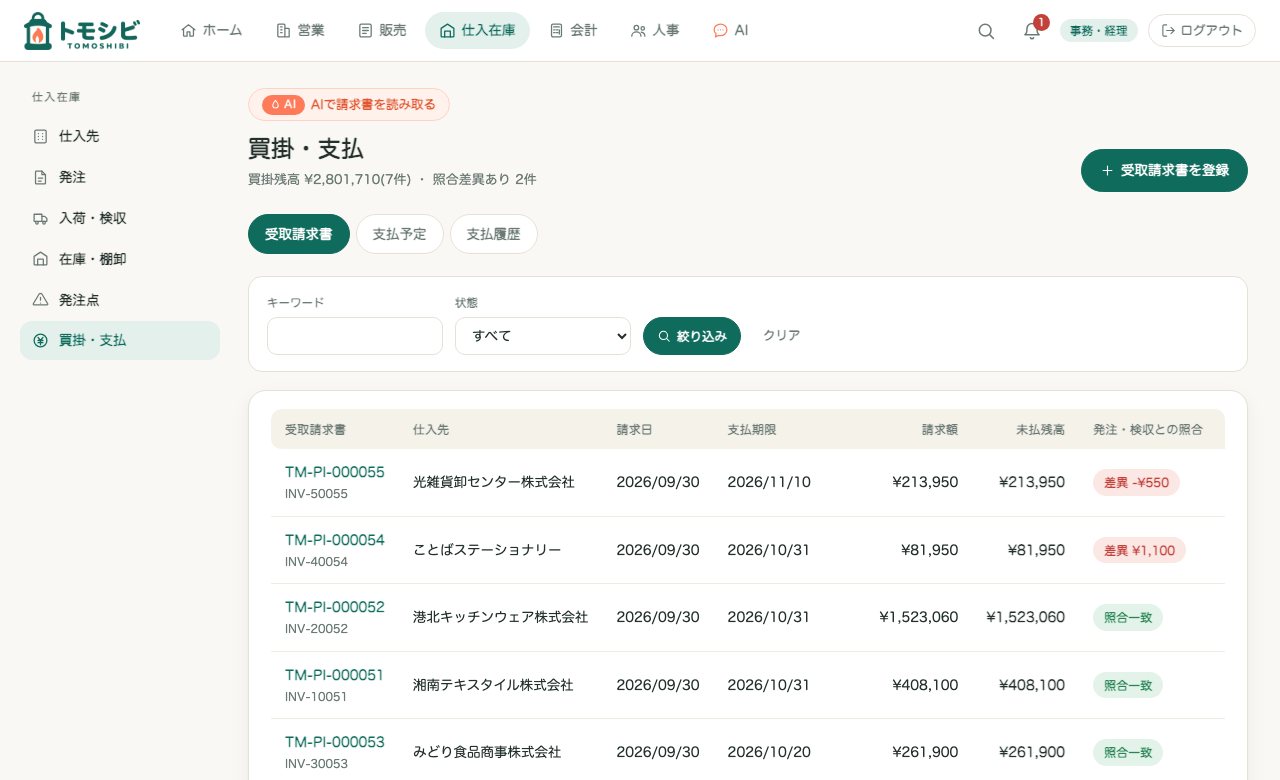 受取請求書の一覧。