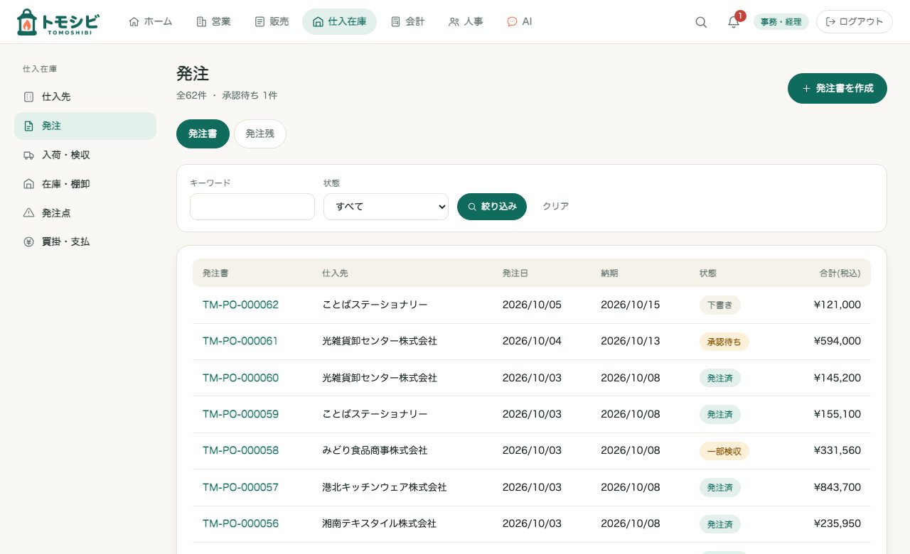 発注の一覧。