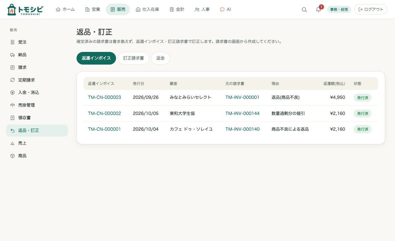 返品・訂正の一覧。